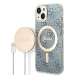 GUESS Bundle Pack MagSafe 4G MagSafe iPhone 14 mbris + laadija komplekt (sinine/kuldne)
