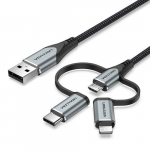 Vention USB 2.0 A-pistikust 3-in-1 Micro-B AND amp;USB-C AND amp;Lightning-pistikuga kaabel 1 m hall alumiiniumisulamist