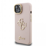 GUESS PU tekstuuriga 4G logo alus kaameraraamiga kest iPhone'i 15 jaoks / Roosa