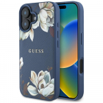 GUESS iPhone'i 16 mbris, hildub MagSafe'iga GUHMP16SPGNMPLMB (PU Grained Flowers Classic Logo) sinine