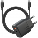 Energea Bazic Goport Velox komplekt 1xUSB-C 1xUSB-A GaN 35W vrgulaadija punutud kaabliga, musta vrvi