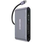 CANYON 8-in-1 USB-C-jaam, millel on 1*HDMI: 4K*30Hz, 1*VGA, 1*Type-C PD laadimisport, maksimaalne 100W PD sisend. 3*USB3.0, lekandekiirus kuni 5Gbps. 1*Gigabit Ethernet, 1*3,5 mm heliliides, kaabel 15 cm, alumiiniumisulamist korpus, 95*55*17,6 mm, 10 ...