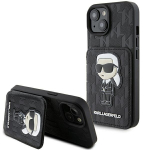 Karl Lagerfeld KLHCP15SSAKKNSCK iPhone 15 / 14 / 13 6.1" tarny/must kvakaaneline Saffiano kaardiriiulid ja aluse Monogram Ikonik Patch