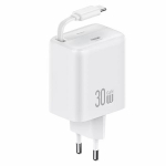 USAMS Vrgutasu. 1xUSB-C sissetmmatava kaabliga USB-C sissetmmatav PD+QC 30W Gan kiirlaadimine valge/valge YC seeria CC241TC02 (US-CC241)
