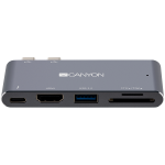 CANYON Mitmeportiline dokkimisjaam 5 pordiga, Thunderbolt 3 kahe tp C isasportiga, 1*Thunderbolt 3 emane+1*HDMI+1*USB3.0+1*SD+1*TF. Sisend 100-240V, vljund USB-C PD100W AND USB-A 5V/1A, alumiiniumisulam, ruumihall, 90*41*11mm, 0,04kg