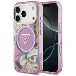 GUESS Juhtme IML Glitter Flowers Triangel MagSafe iPhone 18 Pro Max / 17 Pro Max / lilla