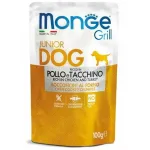 Monge Koerte Dog Grill Pouch Junior Chunkies, rikkaga kanaga ja kalkuniga 100 g tielik niistroog koertepuutastele kanaga ja kalkuniga, ahjunud tkid