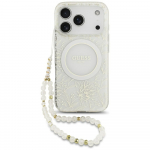 GUESS Kattembris IML Flowers Electro Pearl, rihm MagSafe iPhone'ile 17 Pro, valge