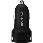 CANYON Universal 2xUSB car adapter, Input 12V-24V, Output 5V-2.4A, with Smart IC, black rubber coating with silver electroplated ring