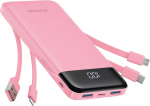 Charmast W1148 roosa vlestega vlimine akupank 5V 3A 10000 mAh sisseebrite kaabelitega USB A / USB C / Lightning / Micro USB