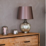 Laualamp LUXO H58cm, antiikne h&otilde;bedane klaas, lambivari: tumehall satiin, siid