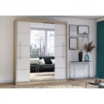 Idzczak Peegliga riidekapp RICO (v&auml;rvid) 204 cm Valge + Peegel Sonoma tamm LED profiil 200