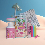 HISKIN Kids Holiday komplekt tuubis pesuvaht, du&scaron;igeel, kingitus v&auml;rvipliiatsid ja v&auml;rvimisraamatud - roosa