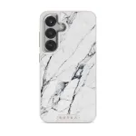 Satin White - Marble Samsung Galaxy S25 Case, Elite Light (Magnetic) / Silver