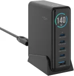 &bdquo;Fixed GaN 140&ldquo; laadija, millel on 1 USB-A ja 4 USB-C pistikupesa, 5 A (FIXCG140D-4C1A-BK)