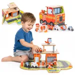 Wooden Fire Station Garage Set 2-in-1 &ndash; Station and Truck 2 Floors Figures Vehicles ECOTOYS