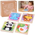 Wooden puzzle - set of 4 puzzles: panda, elephant, hen, tiger ZA6259