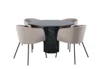 Marbs Round Dining Table , Black Black Glass Marble+Berit Chair , Black Beige Fabric (Polyester linen )_4