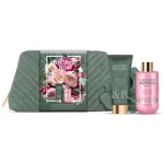 &bdquo;Grace Cole Peony&ldquo; kehahoolduskomplekt ja kosmeetikakott (roos ja pioni) &ndash; kehahoolduse kinkekomplekt kosmeetikakotis (3 tk)
