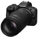 "Canon EOS R100 + RF-S 18-45mm + RF 75-300mm objektiiv".
