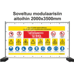 Plakat Ettevaatust! J&auml;rgige objektil t&ouml;&ouml;- ja tuleohutusn&otilde;udeid! M&auml;rgi alus PVC b&auml;nner (pehmest materjalist) M&auml;rgi suurus 1750x3400 mm Viipeteksti keel Soome M&auml;rgi variant SIGNS24 standardiseeritud disain