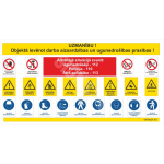 Plakat Ettevaatust! J&auml;rgige objektil t&ouml;&ouml;- ja tuleohutusn&otilde;udeid! M&auml;rgi alus PVC b&auml;nner (pehmest materjalist) M&auml;rgi suurus 1750x3400 mm Viipeteksti keel L&auml;tlane M&auml;rgi variant SIGNS24 standardiseeritud disain