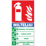 M&auml;rk Tulekustuti koos selgitava tekstiga M&auml;rgi alus Plastik (vahustatud PVC 2 mm) M&auml;rgi t&uuml;&uuml;p luminestsentsm&auml;rk M&auml;rgi suurus 100 x 200 mm Viipeteksti keel Leedu M&auml;rgi variant pulber