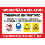 Plakat - Sissep&auml;&auml;s keelatud Toimuvad ehitust&ouml;&ouml;d M&auml;rgi alus PVC b&auml;nner, v&otilde;rk (perforeeritud) Sobib eriti h&auml;sti tuulekoormuse v&auml;hendamiseks. M&auml;rgi suurus 700 x 1000 mm Viipeteksti keel Eesti