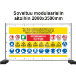 Ehitusplatsi plakat - T&auml;helepanu, ehitust&ouml;&ouml;d k&auml;ivad t&ouml;&ouml;kaitsen&otilde;uete t&auml;itmiseks M&auml;rgi alus PVC b&auml;nner (pehmest materjalist) M&auml;rgi suurus 1750x3400 mm Viipeteksti keel Soome M&auml;rgi variant Isikup&auml;rastatud disain (LOGO/ MARKS/TEXT)