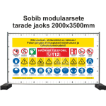 Plakat Ettevaatust! J&auml;rgige objektil t&ouml;&ouml;- ja tuleohutusn&otilde;udeid! M&auml;rgi alus PVC b&auml;nner, v&otilde;rk (perforeeritud) Sobib eriti h&auml;sti tuulekoormuse v&auml;hendamiseks. M&auml;rgi suurus 1750x3400 mm Viipeteksti keel Eesti M&auml;rgi variant Isikup&auml;rastatud disain (LOGO/ MA ...