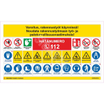 Ehitusplatsi plakat - T&auml;helepanu, ehitust&ouml;&ouml;d k&auml;ivad t&ouml;&ouml;kaitsen&otilde;uete t&auml;itmiseks M&auml;rgi alus PVC b&auml;nner, v&otilde;rk (perforeeritud) Sobib eriti h&auml;sti tuulekoormuse v&auml;hendamiseks. M&auml;rgi suurus 1000 x 1700 mm Viipeteksti keel Soome M&auml;rgi variant Isikup&auml;rastatud ...