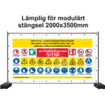 Ehitusplatsi plakat - T&auml;helepanu, ehitust&ouml;&ouml;d k&auml;ivad t&ouml;&ouml;kaitsen&otilde;uete t&auml;itmiseks M&auml;rgi alus PVC b&auml;nner (pehmest materjalist) M&auml;rgi suurus 1750x3400 mm Viipeteksti keel Rootsi M&auml;rgi variant Isikup&auml;rastatud disain (LOGO/ MARKS/TEXT)