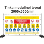 Plakat Ettevaatust! J&auml;rgige objektil t&ouml;&ouml;- ja tuleohutusn&otilde;udeid! M&auml;rgi alus PVC b&auml;nner (pehmest materjalist) M&auml;rgi suurus 1750x3400 mm Viipeteksti keel Leedu M&auml;rgi variant SIGNS24 standardiseeritud disain