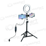 LED žiedinė lamp 16cm,koos trikoju stovu iki 70cm ja dvigubu telefono laikikliu, USB