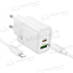 Telefonilaadija Hoco N63 30 W GaN USB-C + USB-A koos Lightning kaabliga 1 m valge