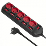 Maclean MCE204, 5 Sockets, 1.5m, Black/Red MCE204