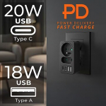 Maclean current socket x2 + 4xUSB, splitter with 2 sockets, 2xUSB A, 2xUSB C PD 20W, 1x16A + 1x6A, MCE249 F/B MCE249 F/B