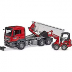 Bruder MAN TGS truck with roll-off container and Sch&auml;ffer farm loader, model vehicle 03767