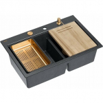 Zlewozmywak GraniteQ MARC 120 WORKSTATION GraniteQ zlewozmywak 2-komorowy 760*500*235 mm black diamond + syfon push to open + dozownik + deska + wkładka / elementy miedzia | HQC7650U8_PVDC1-QDR | 5905505508233