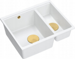Zlewozmywak GraniteQ QUADRON | LOGAN 150 | granitowy zlewozmywak kuchenny BIAŁY + ZŁOTO PVD | wymiary: 56 x 46 x 22 cm | 1,5-komorowy wpuszczany | podbudowa szafki od: 60 cm | brak | 5904310999076