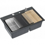 Zlewozmywak GraniteQ MARC 120 WORKSTATION GraniteQ zlewozmywak 2-komorowy 760*500*235 mm black diamond + syfon push to open + dozownik stal szcz.+ wkładka ociekowa+ Qmata | HQC7650U8_BS-QDR | 5905505508219