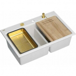 Zlewozmywak GraniteQ MARC 120 WORKSTATION zlewozmywak 2-komorowy 760*500*235 mm snow white + syfon push to open + dozownik + deska + wkładka / elementy złote | HQC7650U1_PVDG1-QDR | 5905505508134