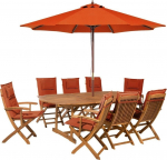 Beliani Zestaw ogrodowy drewniany st&oacute;ł z parasolem i 8 krzeseł z poduszkami bordowymi MAUI! | 86096 Bel | 4260602370727