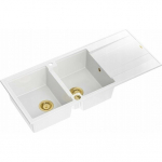 Zlewozmywak GraniteQ EVAN 121 GraniteQ zlewozmywak z syfonem Push To Open 2-komorowy z/o (1160x500x210; kom. 420x340) snow white / elementy złote | brak | 5904310998338