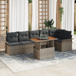 vidaXL 7-osaline aiam&ouml;&ouml;bli komplekt koos patjadega, hall pol&uuml;rattan, akaatsia | 3349341 | 8721158994554