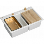 Zlewozmywak GraniteQ MARC 120 WORKSTATION GraniteQ zlewozmywak 2-komorowy 760*500*235 mm snow white + syfon push to open + dozownik + deska + wkładka / elementy miedziane | HQC7650U1_PVDC1-QDR | 5905505508141