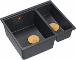 Zlewozmywak GraniteQ QUADRON | LOGAN 150 | granitowy zlewozmywak kuchenny CZARNY + MIEDŹ PVD | wymiary: 56 x 46 x 22 cm | 1,5-komorowy podwieszany | podbudowa szafki od: 60 cm | brak | 5904310998833