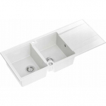 Zlewozmywak GraniteQ EVAN 121 GraniteQ zlewozmywak z syfonem Push To Open 2-komorowy z/o (1160x500x210; kom. 420x340) snow white / elementy stalowe | brak | 5904310998345