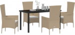 vidaXL 5-osaline s&ouml;&ouml;gitoakomplekt koos patjadega Beige rattan, must klaasist aialaud 140x80x73 cm karastatud klaas | 3379459 | 8721288643797