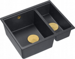 Zlewozmywak GraniteQ QUADRON | LOGAN 150 | granitowy zlewozmywak kuchenny CZARNY + ZŁOTO PVD | wymiary: 56 x 46 x 22 cm | 1,5-komorowy wpuszczany | podbudowa szafki od: 60 cm | brak | 5904310999168